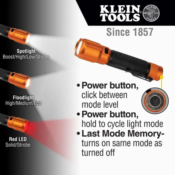 Klein Tools 56413 Rechargeable 2-Color LED Flashlight, Holster, Spotlight, Floodlight, Red LED, 1000 Lumens, USB Cable, Camping, Hunting