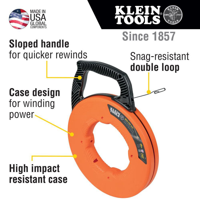 Klein Tools 56334 Electrical Fish Tape, 240-Foot Steel Wire Puller with Double Loop Tip, Optimized Housing and Handle, For Heavy Duty Wire Pulls