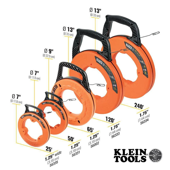 Klein Tools 56334 Electrical Fish Tape, 240-Foot Steel Wire Puller with Double Loop Tip, Optimized Housing and Handle, For Heavy Duty Wire Pulls