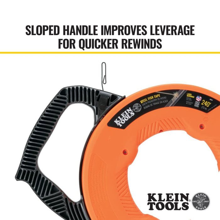 Klein Tools 56334 Electrical Fish Tape, 240-Foot Steel Wire Puller with Double Loop Tip, Optimized Housing and Handle, For Heavy Duty Wire Pulls