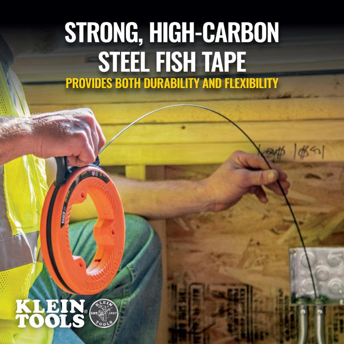 Klein Tools 56334 Electrical Fish Tape, 240-Foot Steel Wire Puller with Double Loop Tip, Optimized Housing and Handle, For Heavy Duty Wire Pulls