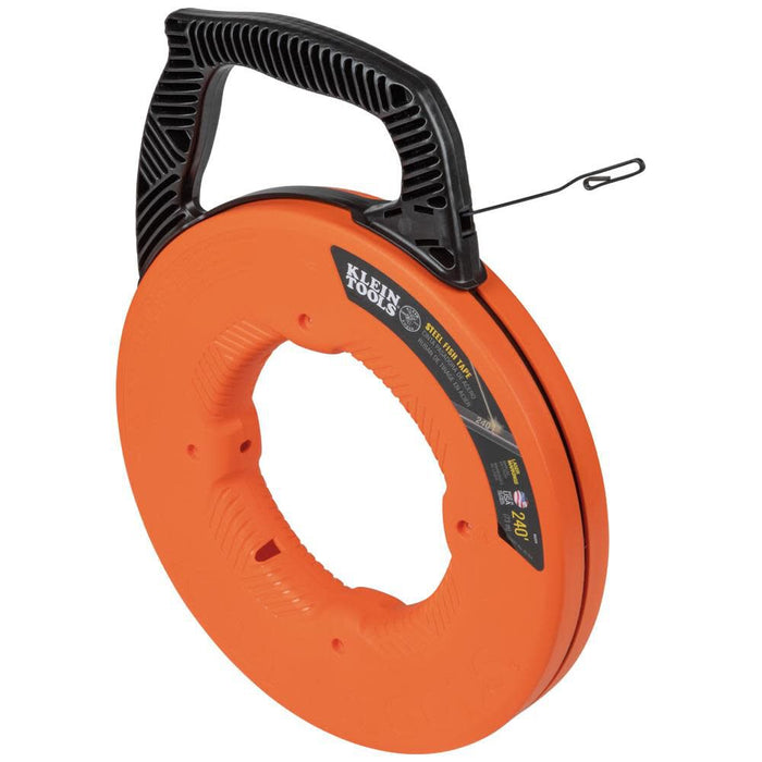 Klein Tools 56334 Electrical Fish Tape, 240-Foot Steel Wire Puller with Double Loop Tip, Optimized Housing and Handle, For Heavy Duty Wire Pulls