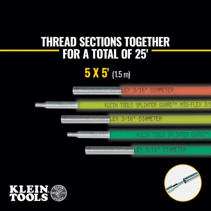 Klein Tools 50254 Multi-Flex Glow Fish Rod with Splinter Guard Coating, (5) Fish Rods with Bullet Nose, Magnet, Chain Attachments, 25-Foot