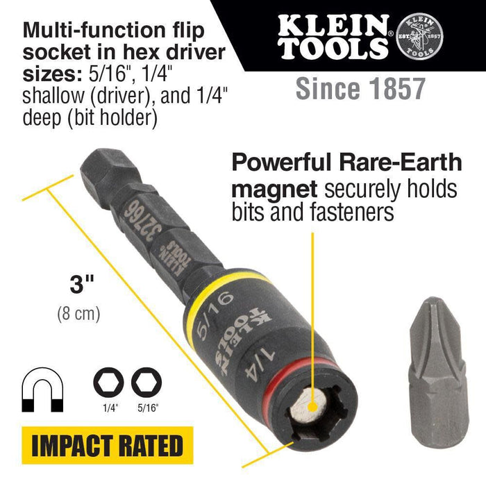 Klein Tools 32766 Impact Driver, 3-in-1 SAE Impact Socket and Bit Holder, Flip Socket with 1/4-Inch and 5/16-Inch Hex Drivers, 3-Inch Length