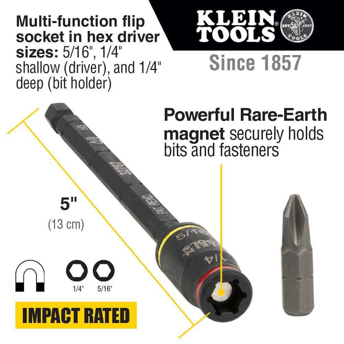 Klein Tools 32768 Impact Driver Set, 3-in-1 SAE Impact Socket and Bit Holder, Flip Socket with 1/4 Nut Driver and 5/16 Nut Driver Hex Sizes, 3 and 5-Inch Lengths, 2-Piece