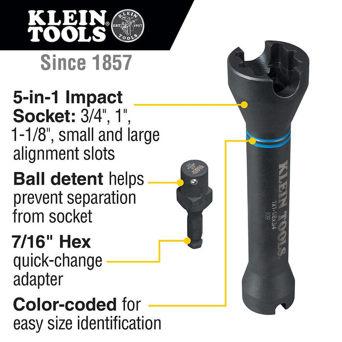 Klein Tools NRHD 5-In-1 Impact Socket, Features Three Square Socket Sizes: 3/4-,1, and 1-1/8- Inch, and Small and Large Alignment Slots