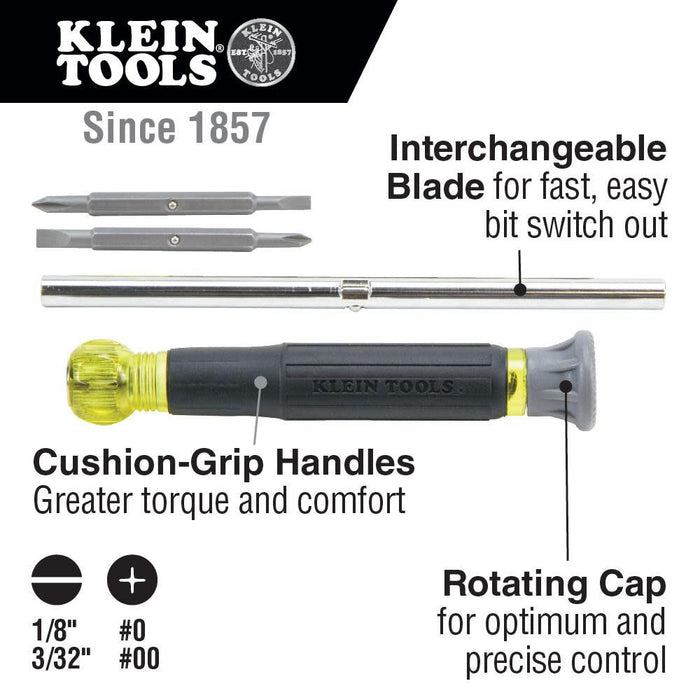 Klein Tools 32581 4-in-1 Electronics Screwdriver Set with 2 Slotted, 2 Phillips Precision Machined Bits, Ideal for Terminal Blocks