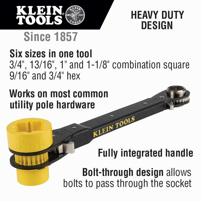 Klein Tools KT155HD Heavy-Duty 6-In-1 Lineman's Ratcheting Wrench with Bolt Through Design and Bright Yellow Socket