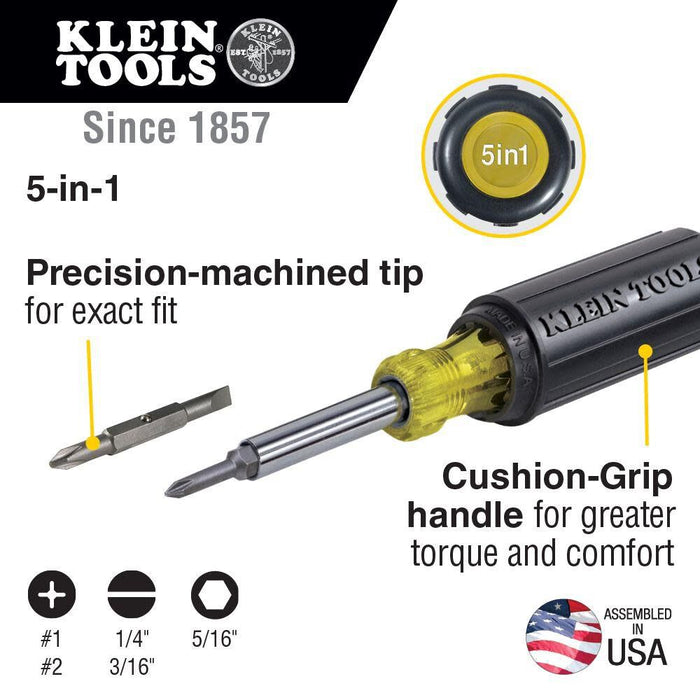 Klein Tools 32476 5-In-1 Multi-Bit Screwdriver / Nut Driver with 2 Slotted, 2 Philips, and 1 Nut Driver Tip