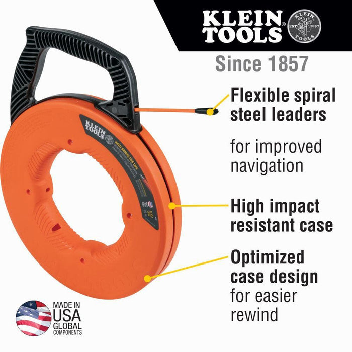 Klein Tools 56382 Non-Conductive Electrical Fish Tape, Multi-Groove Fiberglass Wire Puller, Optimized Housing and Handle, 50-Foot x 3/16-Inch