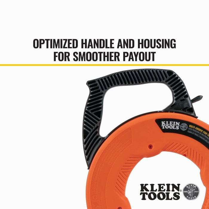 Klein Tools 56382 Non-Conductive Electrical Fish Tape, Multi-Groove Fiberglass Wire Puller, Optimized Housing and Handle, 50-Foot x 3/16-Inch