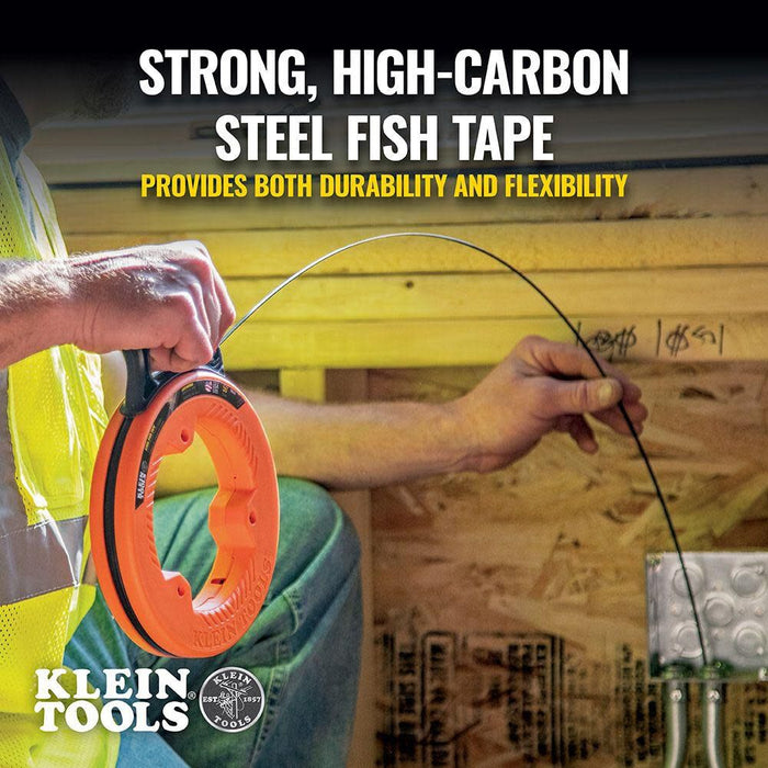 Klein Tools 56331 50-Foot Electrical Fish Tape, Steel Wire Puller with Double Loop Tip, Optimized Housing and Handle, 1/8-Inch