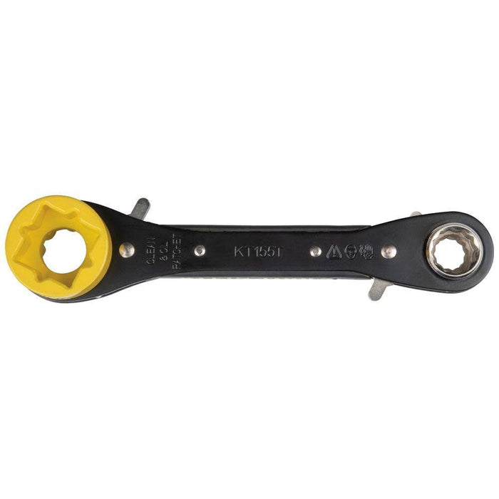 Klein Tools KT155T 6-In-1 Lineman's Ratcheting Wrench with Bolt Through Design and Bright Yellow Socket