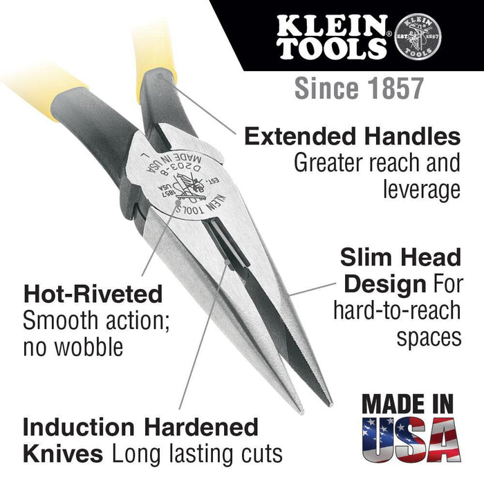 Klein Tools D203-6 Long Nose Side-Cutter Pliers, Induction-Hardened Cutting Knives and Curved Handles, 6-Inch