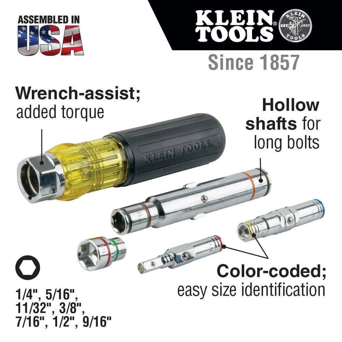 Klein Tools 32807MAG 7-in-1 Nut Driver, Magnetic Driver has SAE Hex Nut Sizes 1/4 to 9/16-Inch, Cushion Grip Handle for Added Torque