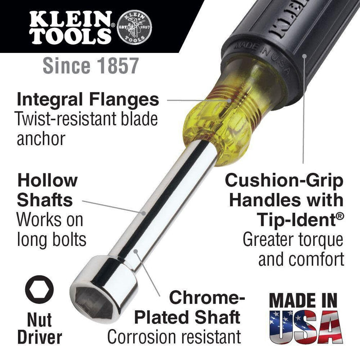 Klein Tools 631 Tool Set, Made in USA, Nut Driver Set w/Hex Nut Sizes 3/16, 1/4, 5/16, 11/32, 3/8, 7/16 and 1/2-Inch on 3-Inch Full Hollow Shaft, 7-Piece