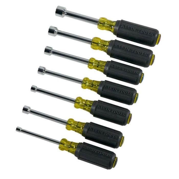 Klein Tools 631 Tool Set, Made in USA, Nut Driver Set w/Hex Nut Sizes 3/16, 1/4, 5/16, 11/32, 3/8, 7/16 and 1/2-Inch on 3-Inch Full Hollow Shaft, 7-Piece