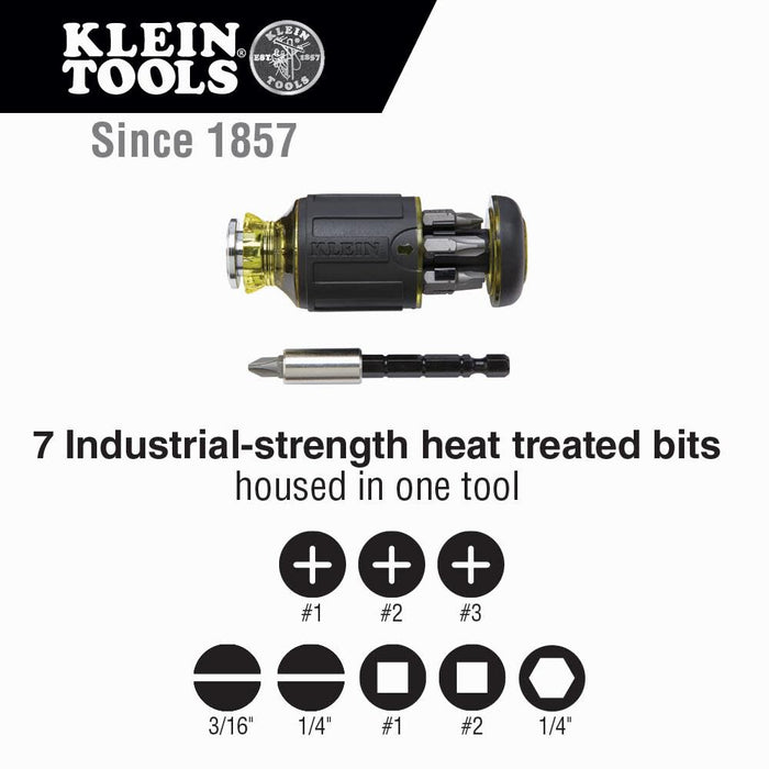 Klein Tools 32308 Multi-bit Stubby Screwdriver, Impact Rated 8-in-1 Adjustable Magnetic Tool with Phillips, Slotted, Square and Nut Driver