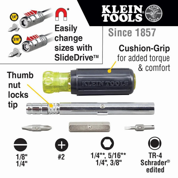 Klein Tools 32596 Multi-Bit Screwdriver /Nut Driver, Magnetic 8-in-1 HVAC Slide Drive Tool with Hex, Phillips, Schrader Bits, Nut Drivers