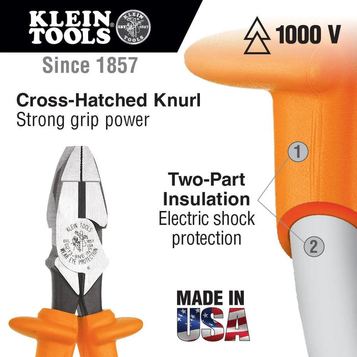 Klein Tools D213-9NE-CR Lineman's Crimping Pliers, Made in USA, Streamlined High-Leverage Design Made of Induction Hardened Steel, 9-Inch