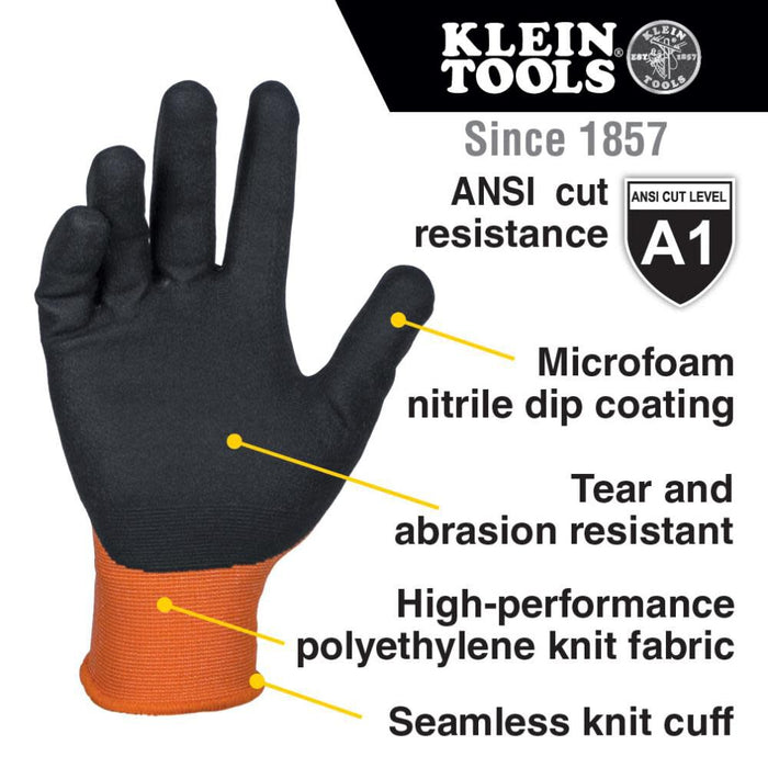 KLEIN TOOLS 60581 Work Gloves, Knit Dipped Cut Resistant ANSI A1 Nitrile Coated Gloves, Nylon-Spandex, Touchscreen Capable, Large, 2-Pair