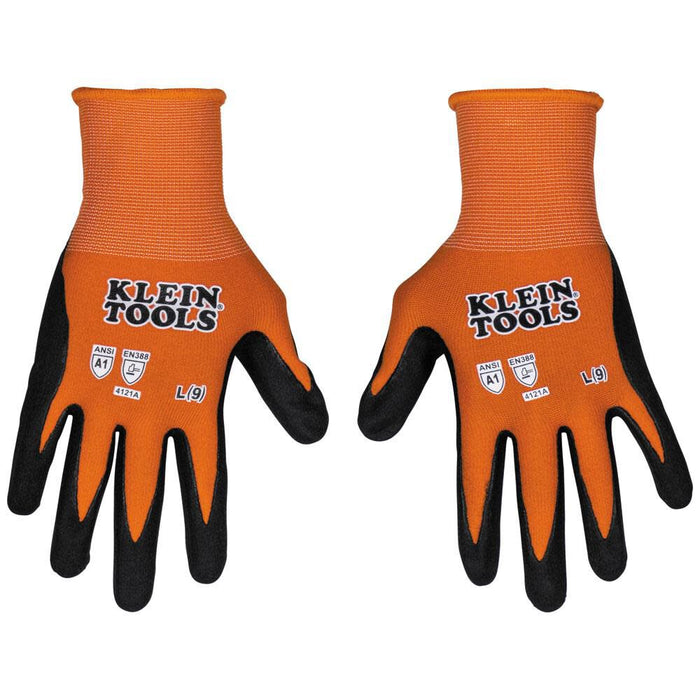 KLEIN TOOLS 60581 Work Gloves, Knit Dipped Cut Resistant ANSI A1 Nitrile Coated Gloves, Nylon-Spandex, Touchscreen Capable, Large, 2-Pair