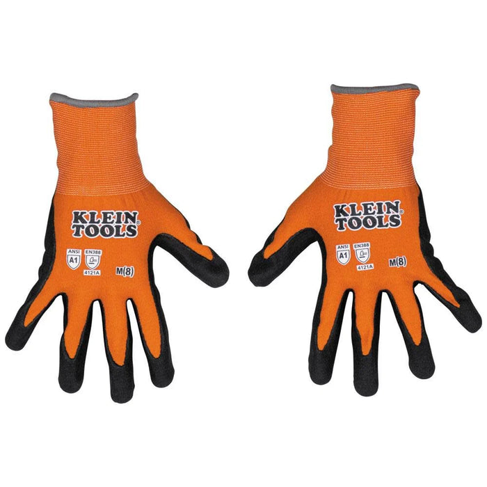 Klein Tools 60580 Work Gloves, Knit Dipped Cut Resistant ANSI A1 Nitrile Coated Gloves, Nylon-Spandex, Touchscreen Capable, Medium, 2-Pair