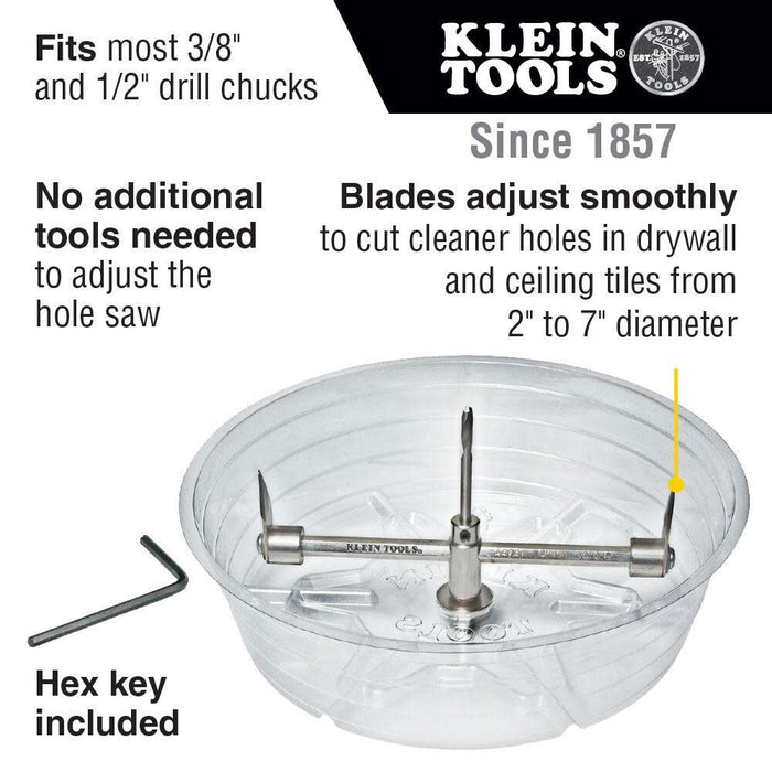 Klein Tools 53731 Hole Saw, Adjustable Saw Cutter with Dust Shield for Cutting Drywall and Ceiling Tile for Recessed Lights