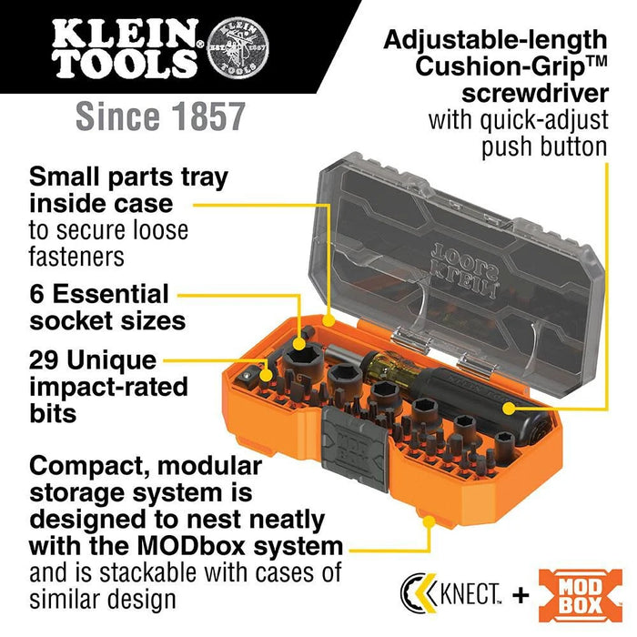 Klein Tools 33805 ProFlex 38-Piece SAE Impact Driver Tool Set with Modular Case, S2 Steel, Magnetic, Adjustable Screwdriver, 29 Bits, 6 SAE Socket Sizes