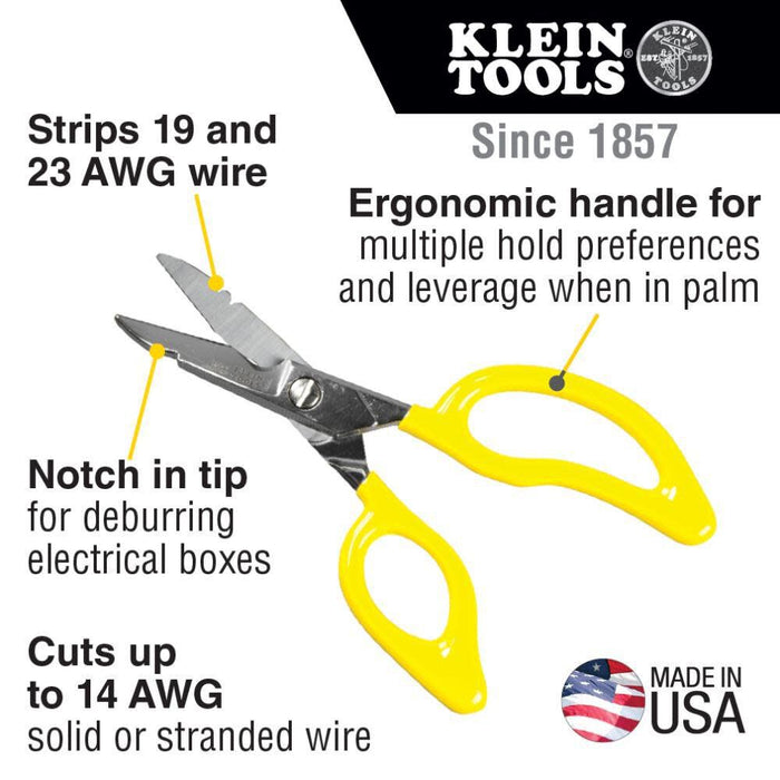 Klein Tools 26001 Scissors, Made in USA, All-Purpose Electrician's Scissors with Cable Cutting Notch, Serrated Blades, Deburr Notch, 6.75-Inch