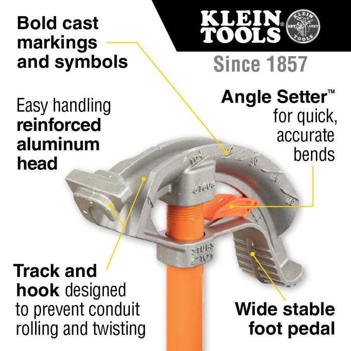 Klein Tools 51606 Aluminum Conduit Bender Full Assembly, 1/2-Inch EMT, Wide Food Pedal, Benchmark Symbols and Angle Setter