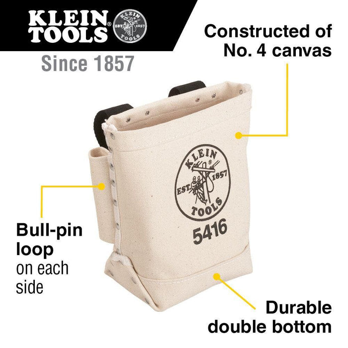 Klein Tools 5416 Tool Pouch, Small Tool Bag for Bolt Storage with Bull Pin Loops and Belt Strap Connect, 5 x 10 x 9-Inch