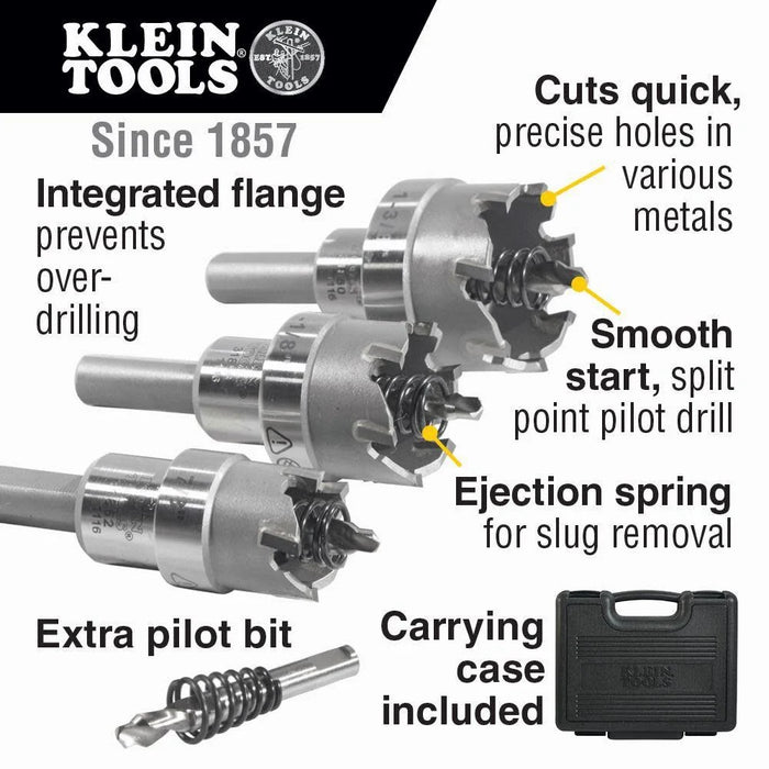 Klein Tools 31872 Heavy Duty Hole Saw Kit, Includes Carbide Hole Cutters and Pilot Bit in Rust-Proof Molded Plastic Case, 4-Piece