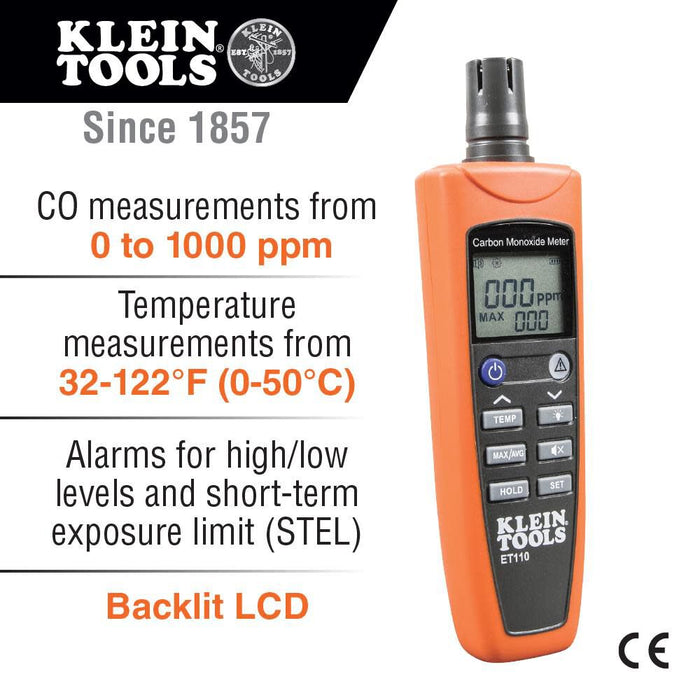 Klein Tools ET110 CO Meter, Carbon Monoxide Tester and Detector with Exposure Limit Alarm, 4 x AAA Batteries and Carry Pouch Included