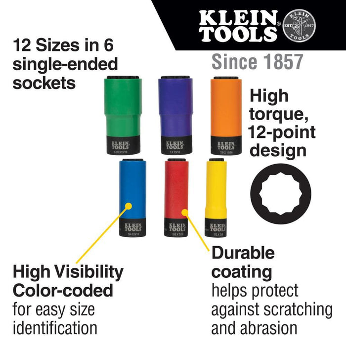 Klein Tools 66033 1/2-Inch Drive SAE Impact Socket Set with 12-Point Deep Sockets, High Visibility, Color Coated, Case Included, 6-Piece