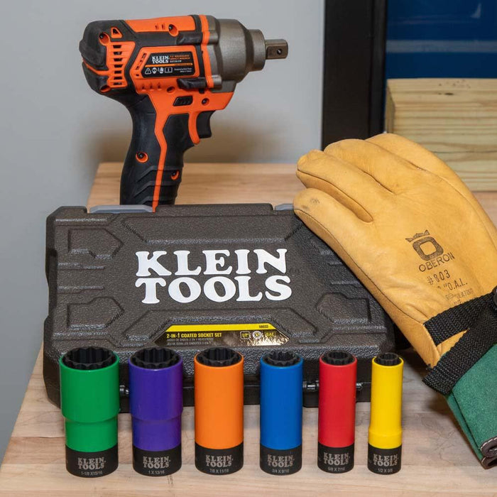 Klein Tools 66033 1/2-Inch Drive SAE Impact Socket Set with 12-Point Deep Sockets, High Visibility, Color Coated, Case Included, 6-Piece