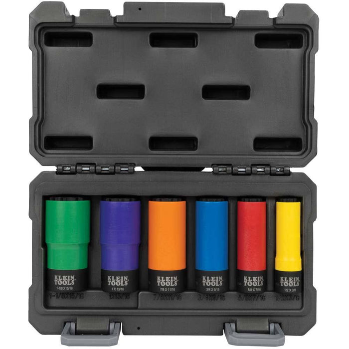 Klein Tools 66033 1/2-Inch Drive SAE Impact Socket Set with 12-Point Deep Sockets, High Visibility, Color Coated, Case Included, 6-Piece