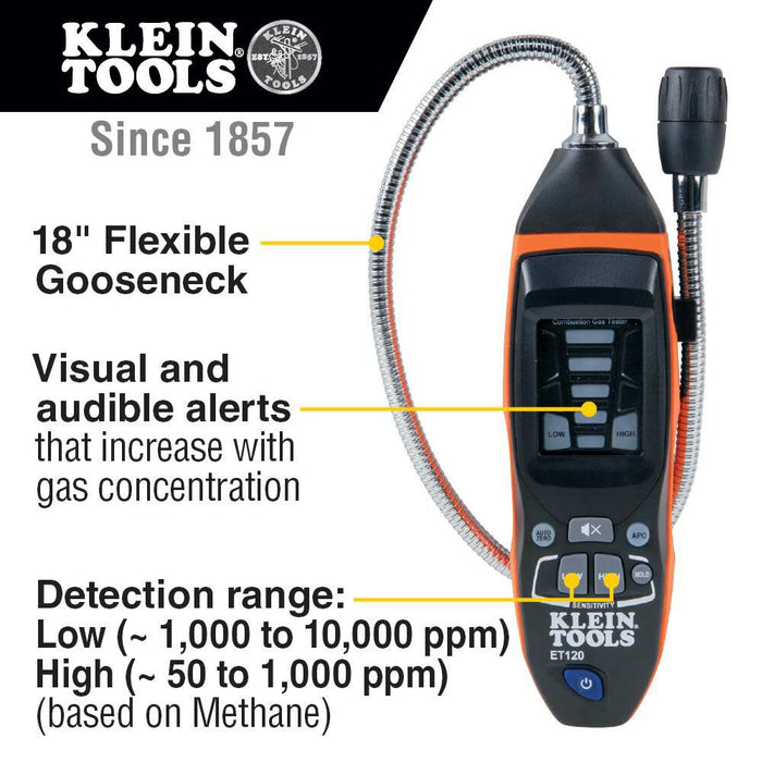 Klein Tools ET120 Gas Leak Detector, Combustible Gas Leak Tester with 18-Inch Gooseneck Has Range 50 - 10,000 ppm, Includes Pouch, Batteries