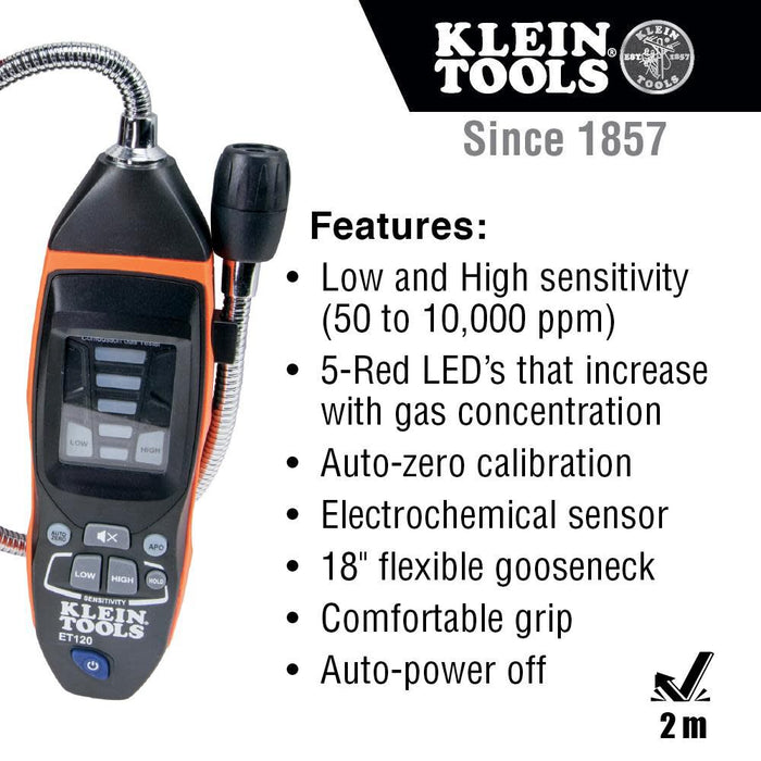 Klein Tools ET120 Gas Leak Detector, Combustible Gas Leak Tester with 18-Inch Gooseneck Has Range 50 - 10,000 ppm, Includes Pouch, Batteries