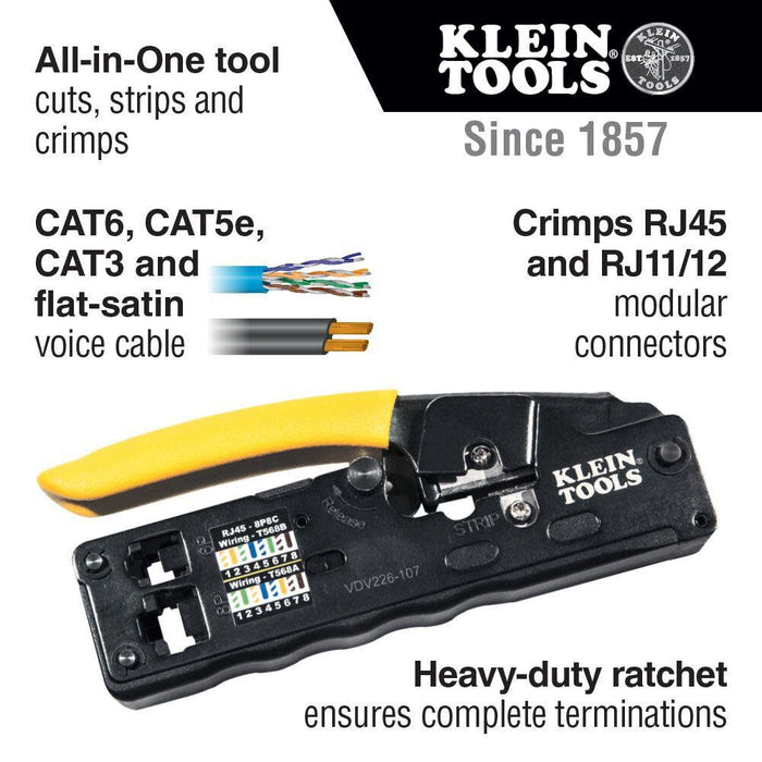 Klein Tools VDV226-107 Compact Ratcheting Modular Data Cable Crimper / Wire Stripper / Wire Cutter, CAT6, CAT5, CAT3, Flat-Satin Voice Cable