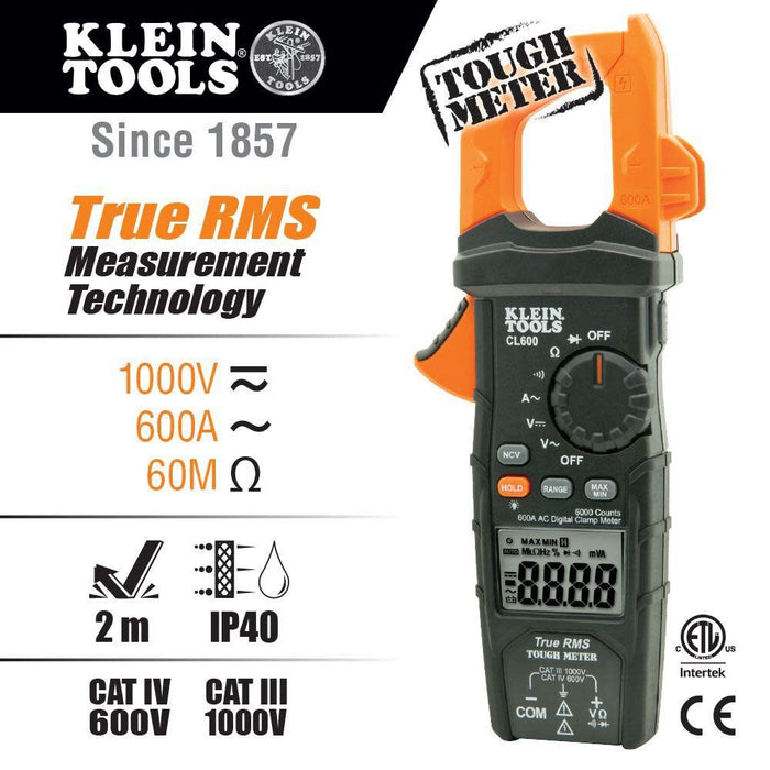 Klein Tools CL600 Electrical Tester, Digital Clamp Meter has Auto Range TRMS, Measures AC Current, AC/DC Volts, Resistance, NCVT, More, 1000V