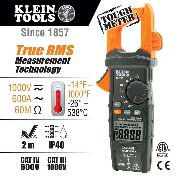 Klein Tools CL700 Auto Ranging Digital Clamp Meter, TRMS 600Amp, AC/DC Volts, Current, LoZ, Continuity, Frequency, NCVT, Temp, More, 1000V