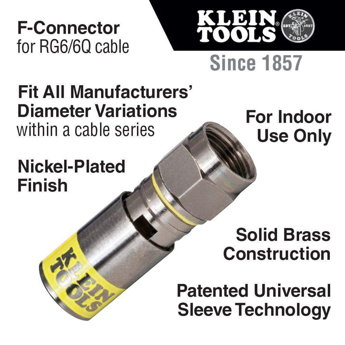 Klein Tools VDV812-606 F-Connector for RG6/6Q Coaxial Cable, Universal Compression Connectors, Male, Professional Grade, 10-Pack