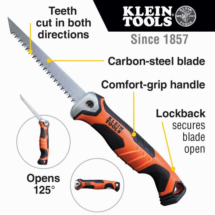 Klein Tools 31737 Folding Jab Saw / Drywall Saw, Hand Saw with Lockback at 180 and 125 Degrees and Tether Hole