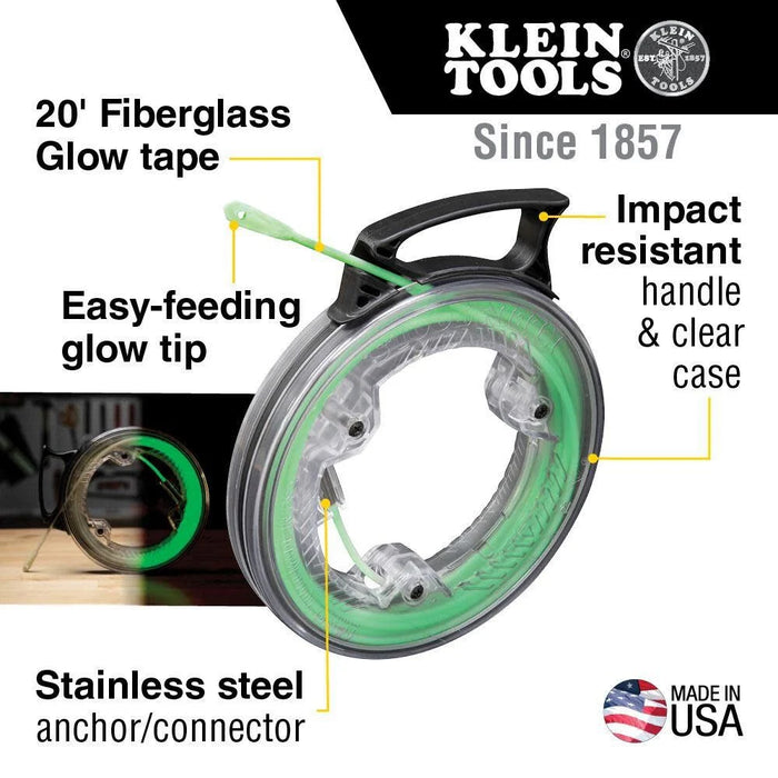 Klein Tools 50550 20-Foot Glow In The Dark Fish Tape, Made in USA, Fiberglass with Nylon Tip and Stainless-Steel Connector for Fish Rod Attachments