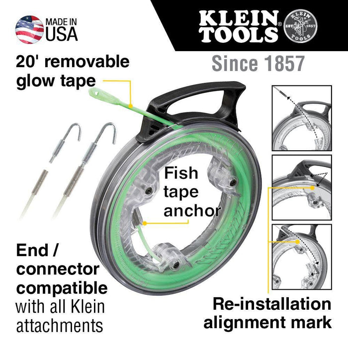 Klein Tools 50550 20-Foot Glow In The Dark Fish Tape, Made in USA, Fiberglass with Nylon Tip and Stainless-Steel Connector for Fish Rod Attachments