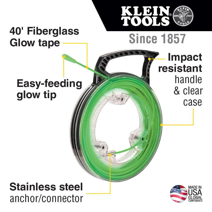 Klein Tools 50660 Glow In The Dark Fish Tape, Fiberglass with Nylon Tip and Stainless-Steel Connector for Fish Rod Attachments, 40-Foot