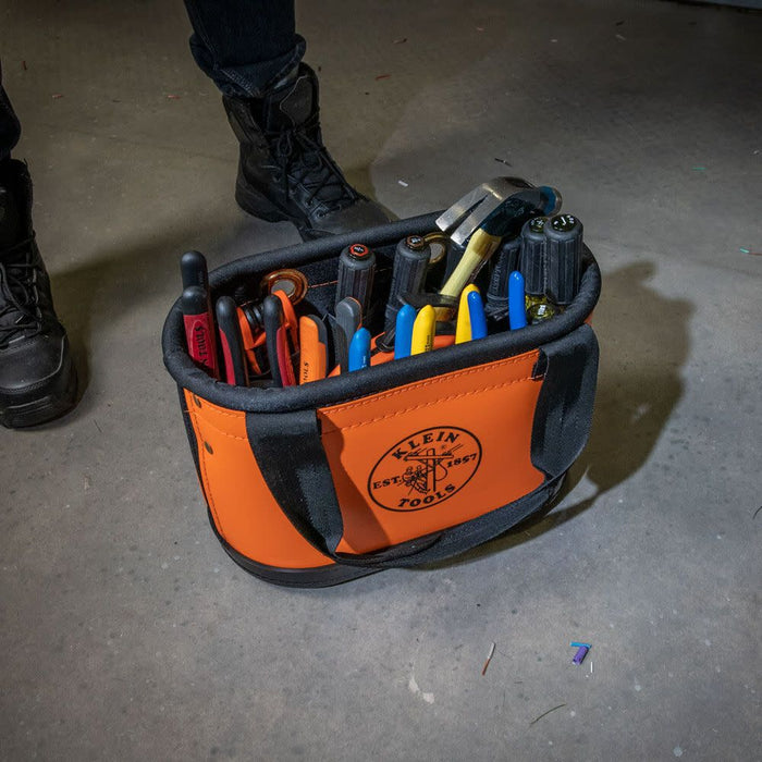 Klein Tools 5144HBS Hard-Body Bucket, Oval Tool Bucket Organizer with Knife Sheath and 14 Other Pockets, Orange/Black