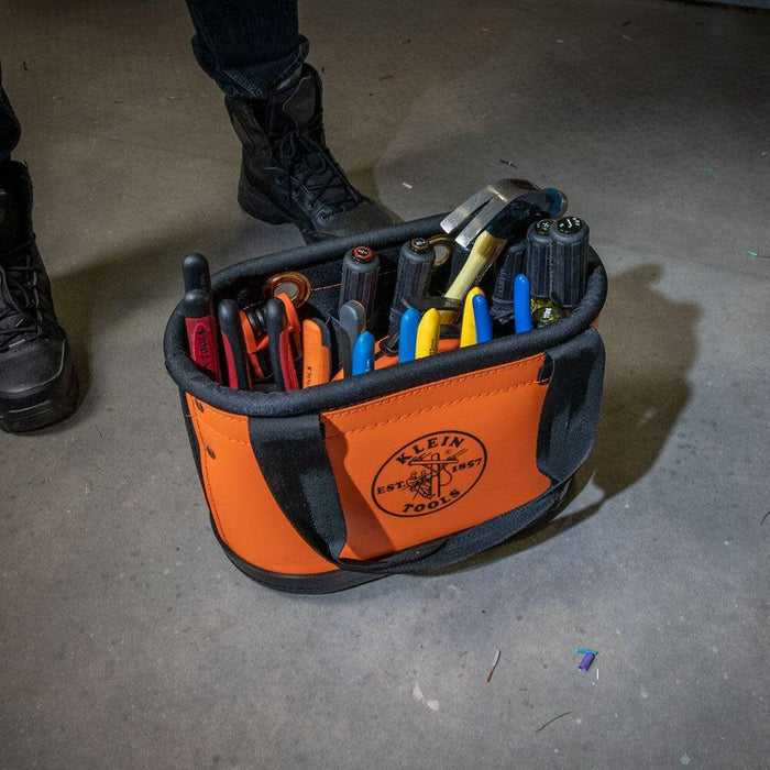 Klein Tools 5144HBS Hard-Body Bucket, Oval Tool Bucket Organizer with Knife Sheath and 14 Other Pockets, Orange/Black