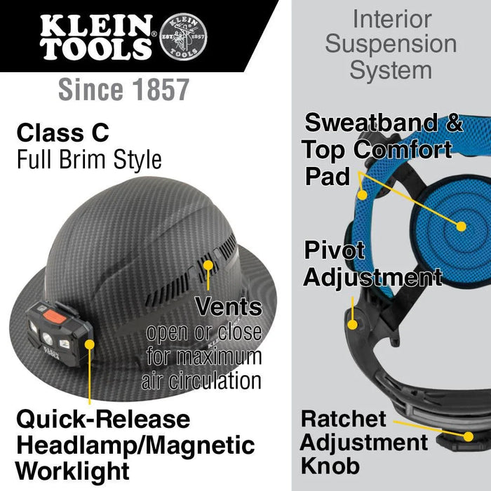 Klein Tools 60347 Hard Hat, Vented Full Brim, Class C, Premium KARBN Pattern, Rechargeable Lamp, Padded Sweat-Wicking Sweatband, Top Pad